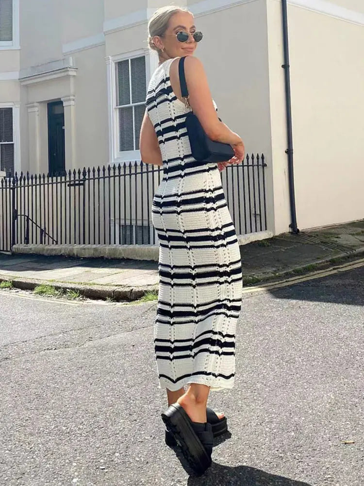 Beach to Bar Ready: Striped Open Knit Maxi Dress for Vacation | Chuzko.com