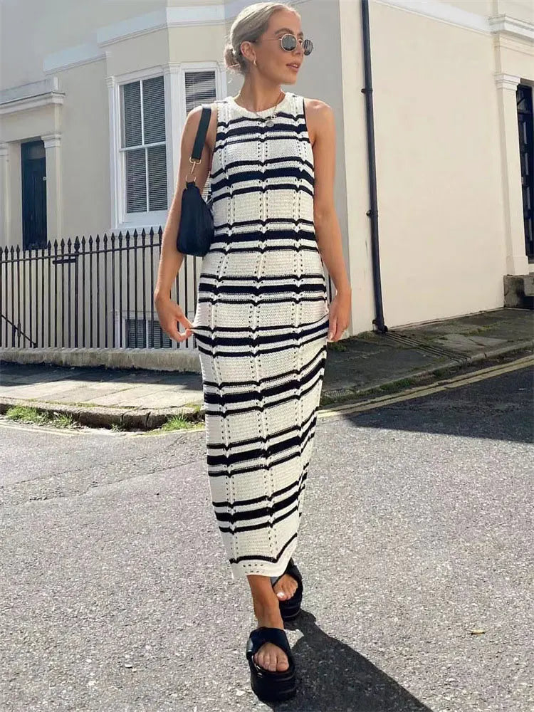 Beach to Bar Ready: Striped Open Knit Maxi Dress for Vacation | Chuzko.com