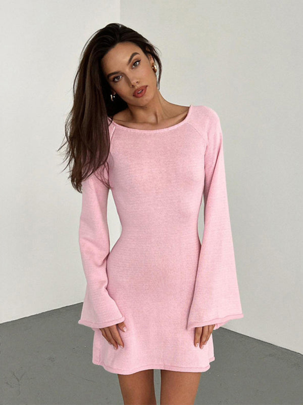 Solid Backless Bell Sleeve Vacation Mini Dress	