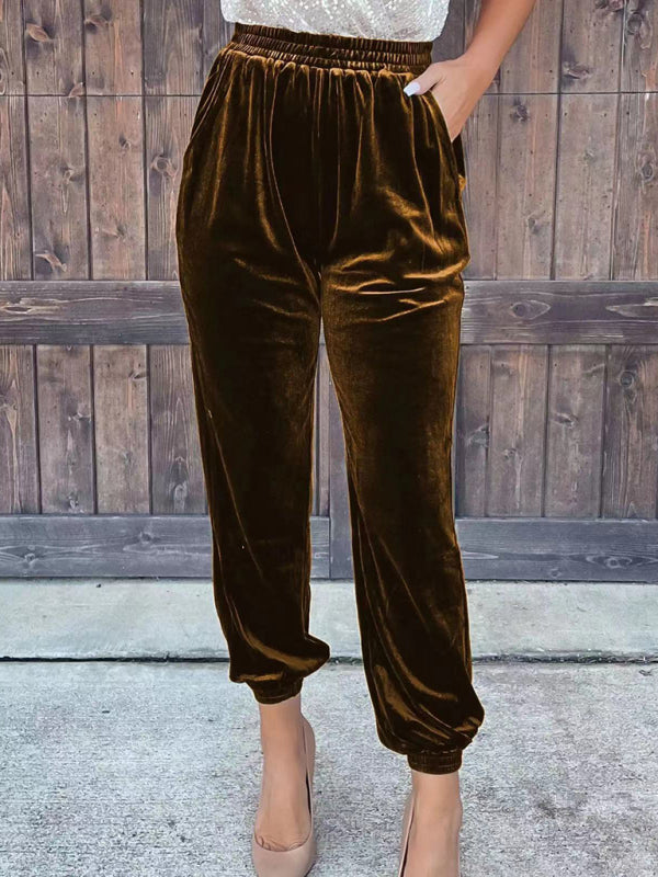 Autumn Velvet Pencil Pants with Elastic Waist and Pockets	