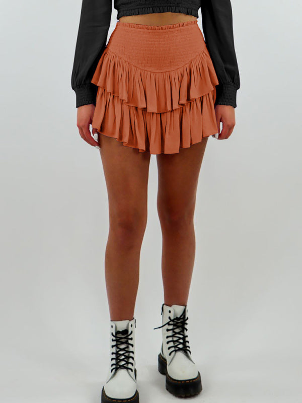 Solid Ruffled Layered Mini Skirt with Smocked Waist Mini Skirts | Chuzko.com