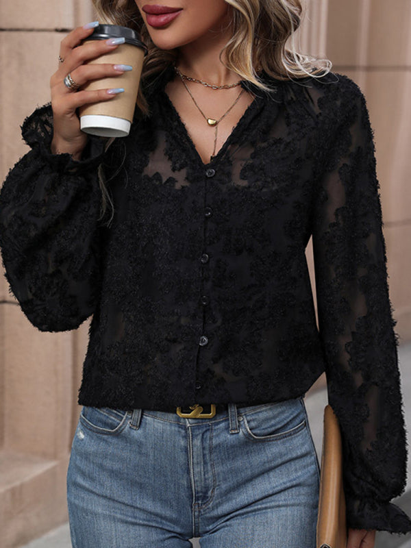 Floral Lace V-Neck Long Sleeve Casual Top for Women