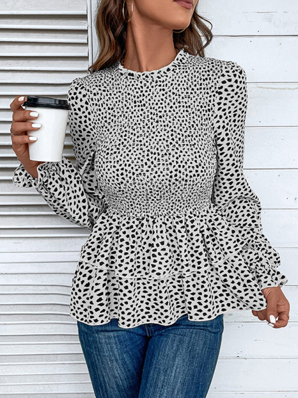 Peplum Blouse With Long Sleeves and Smocked Waist in Leopard | Chuzko.com