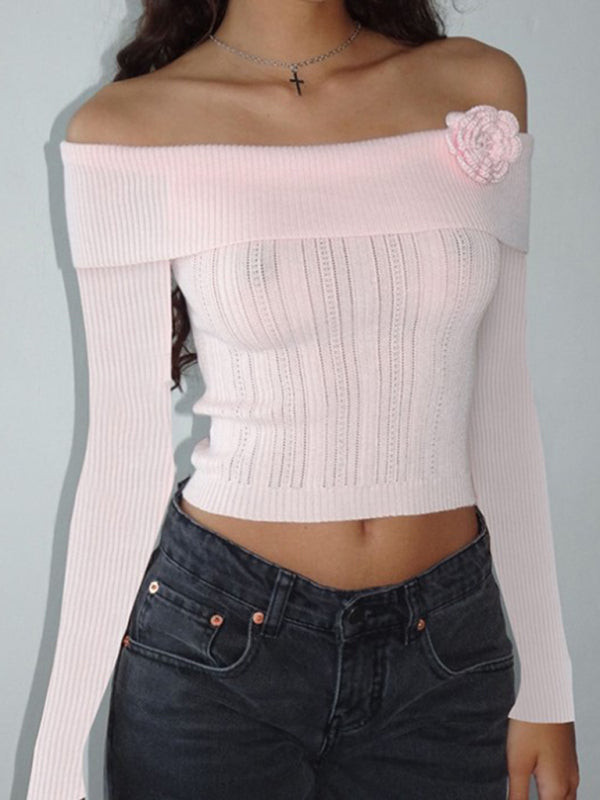 Romantic Sweater Ribbed Knit Off-The-Shoulder Long Sleeve Top	