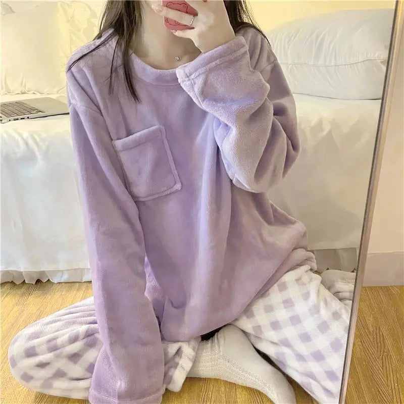 Fleece Loungewear 2 Piece Set Checkered Winter Pajamas Pajamas | Chuzko.com