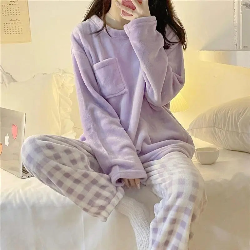 Fleece Loungewear 2 Piece Set Checkered Winter Pajamas Pajamas | Chuzko.com