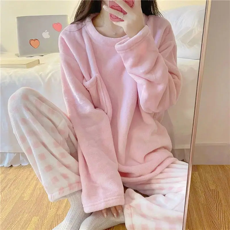 Fleece Loungewear 2 Piece Set Checkered Winter Pajamas Pajamas | Chuzko.com