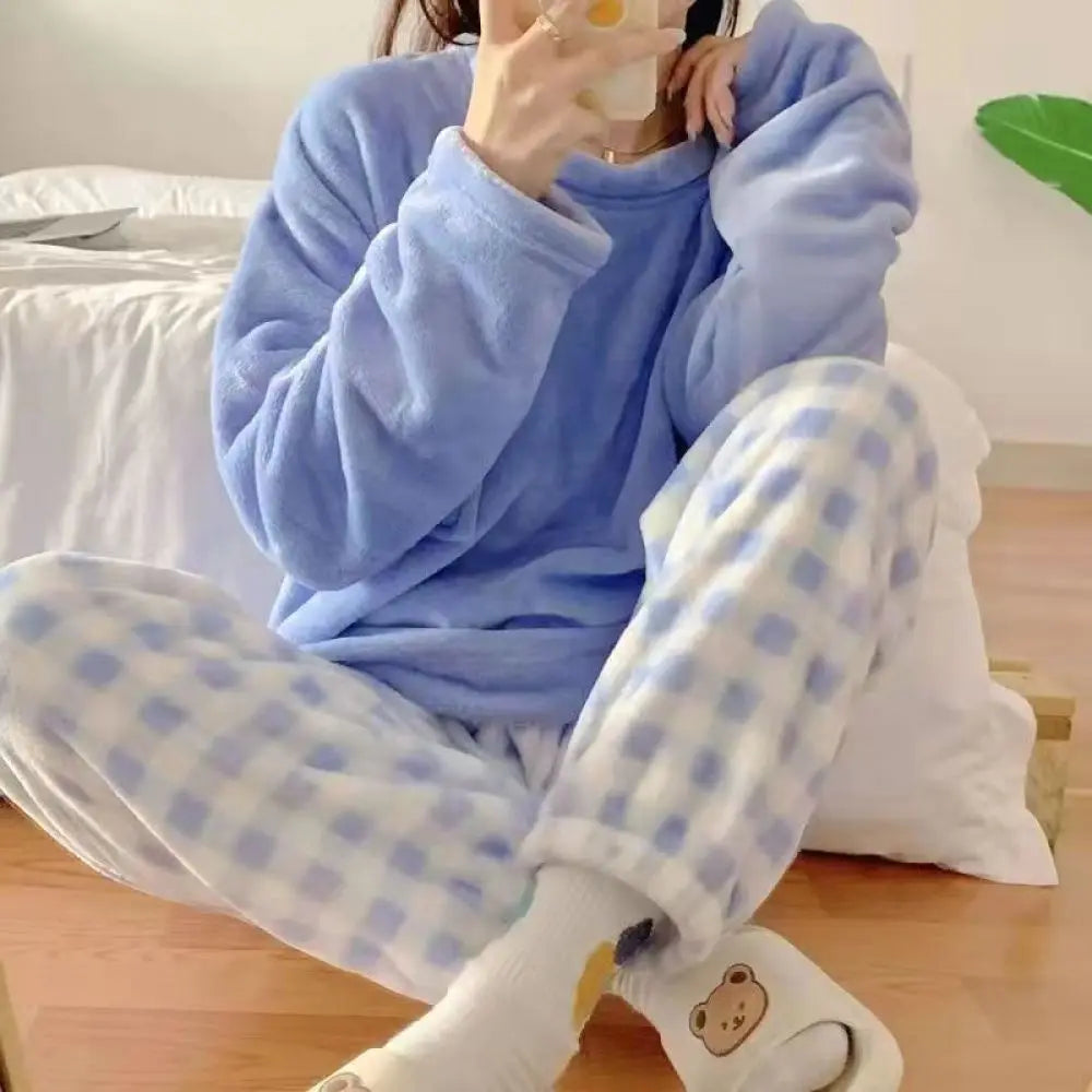 Cozy Fleece Loungewear Set with Checkered Pants	