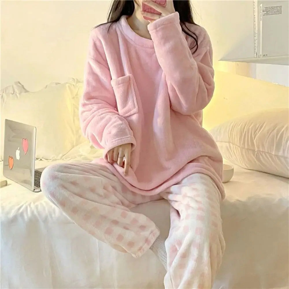 Fleece Loungewear 2 Piece Set Checkered Winter Pajamas Pajamas | Chuzko.com