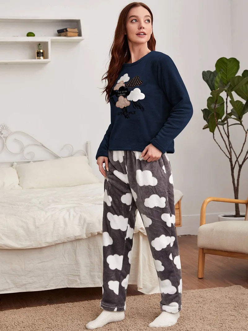 Velvet Fleece Pajamas Loungewear 2 Piece Set Thermal Nightwear | Chuzko.com