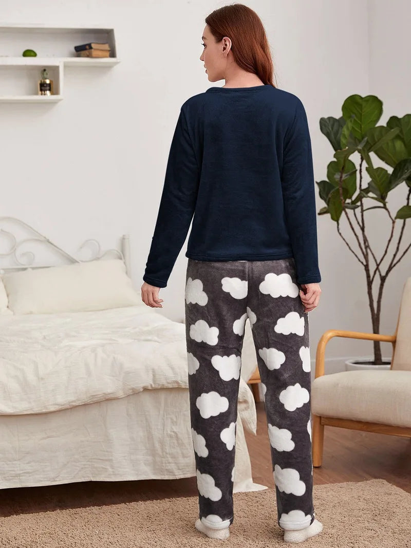 Velvet Fleece Pajamas Loungewear 2 Piece Set Thermal Nightwear | Chuzko.com