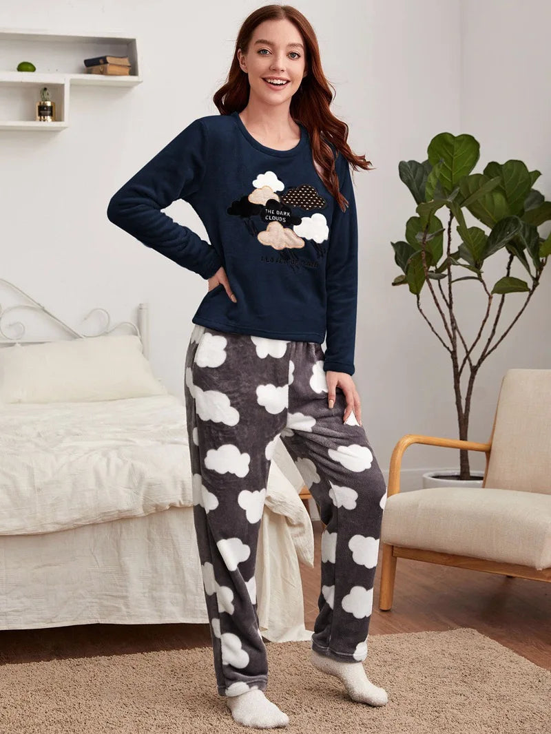 Velvet Fleece Pajamas Loungewear 2 Piece Set Thermal Nightwear | Chuzko.com