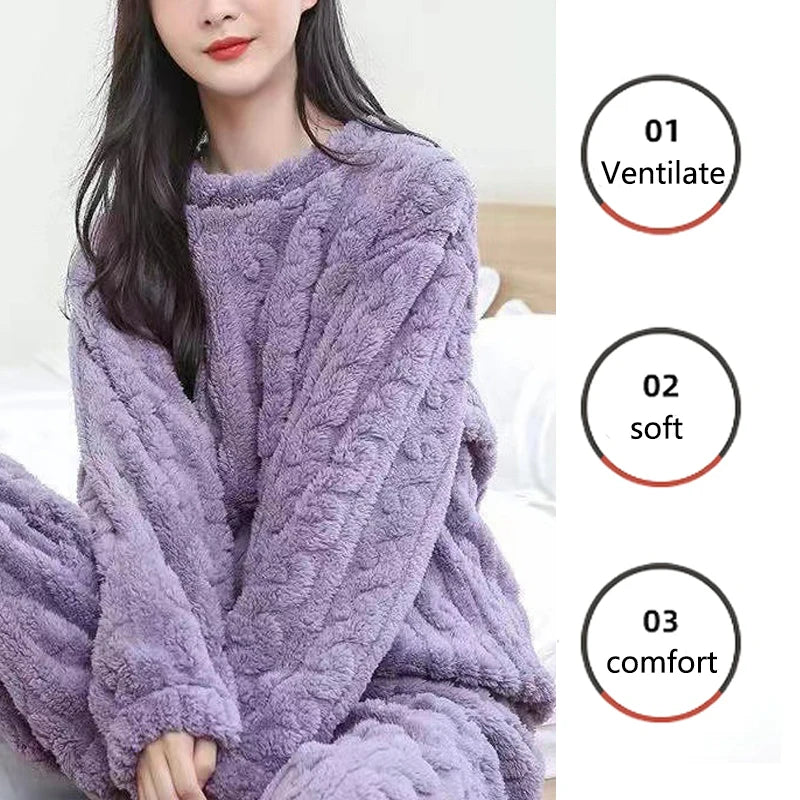 Winter Cashmere Feel Thermal Pajamas Set Women's Loungewear | Chuzko.com