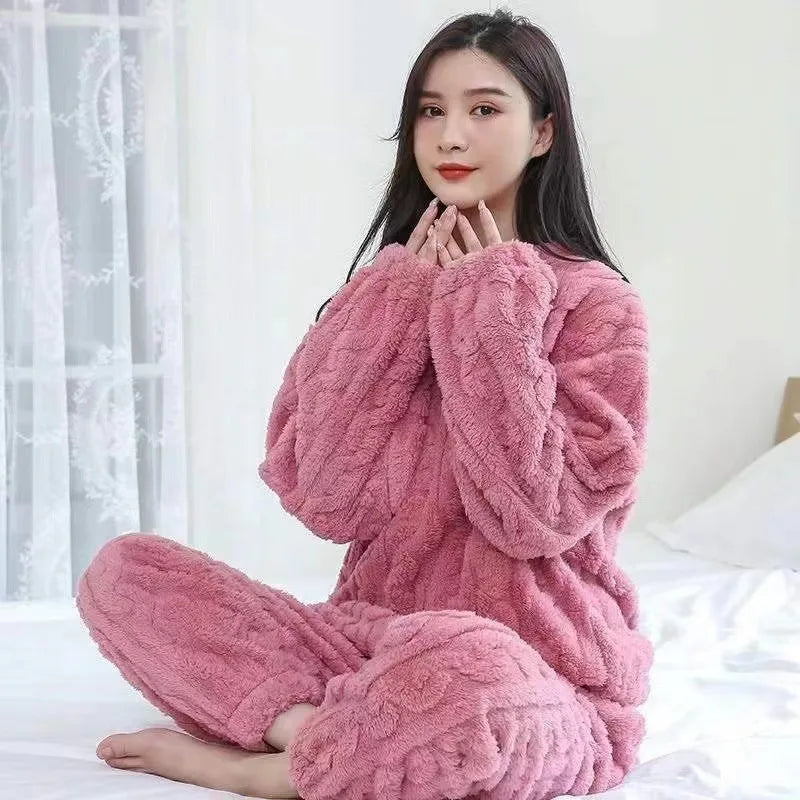 Winter Cashmere Feel Thermal Pajamas Set Women's Loungewear | Chuzko.com