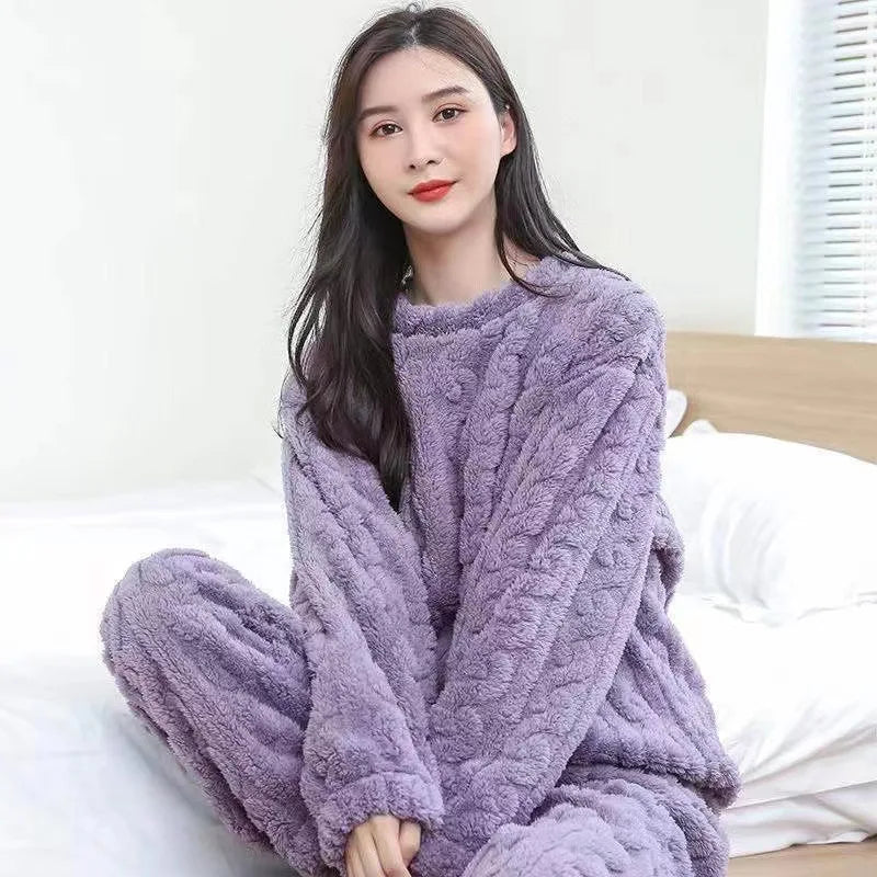 Winter Cashmere Feel Thermal Pajamas Set Women's Loungewear | Chuzko.com