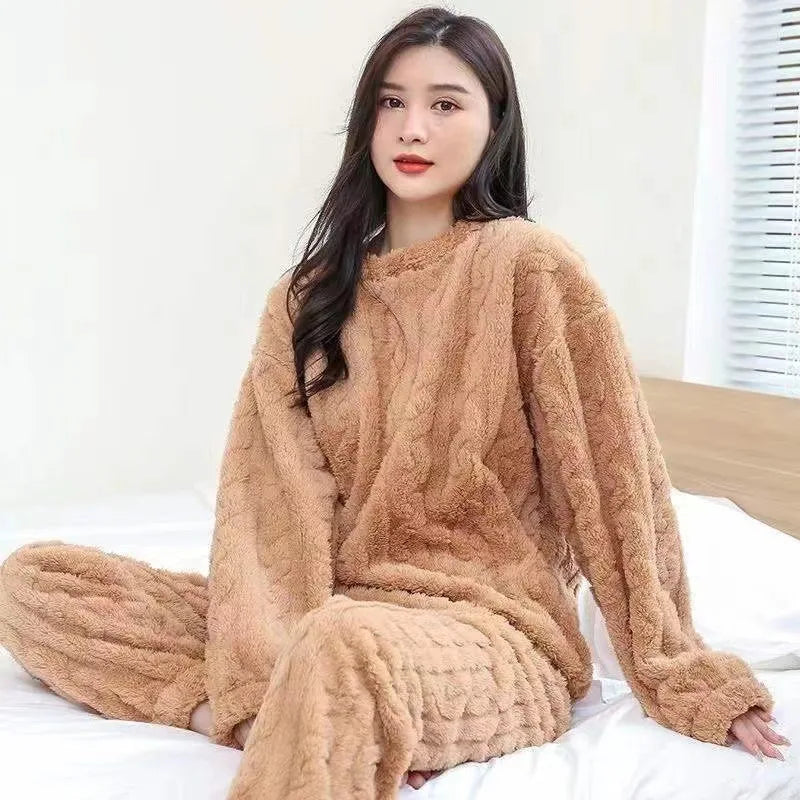 Winter Cashmere Feel Thermal Pajamas Set Women's Loungewear | Chuzko.com