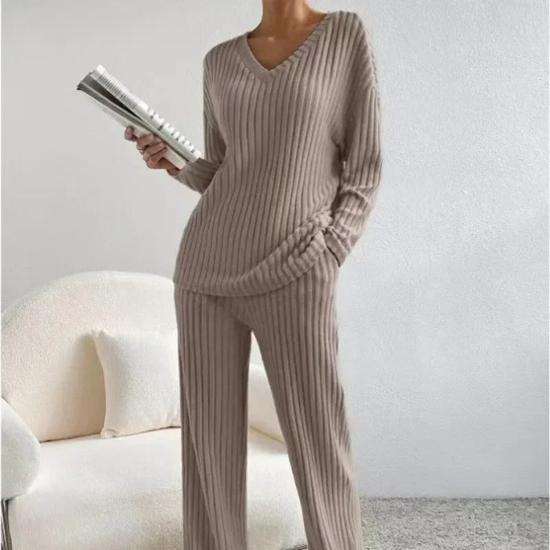 Fall Ribbed Knit Loungewear Set Matching Outfit Loungewear | Chuzko.com