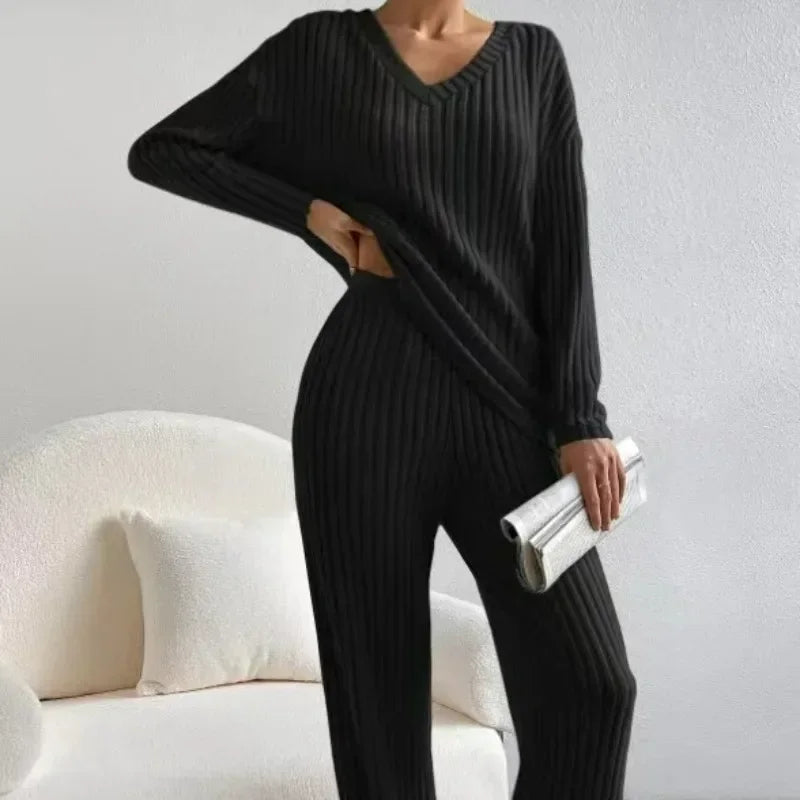 Fall Ribbed Knit Loungewear Set Matching Outfit Loungewear | Chuzko.com