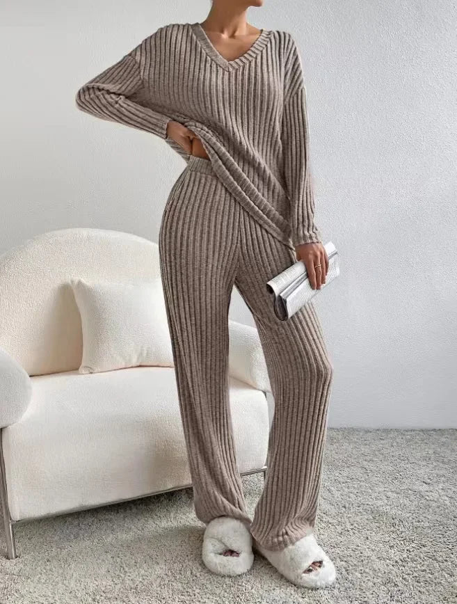 Fall Ribbed Knit Loungewear Set Matching Outfit Loungewear | Chuzko.com