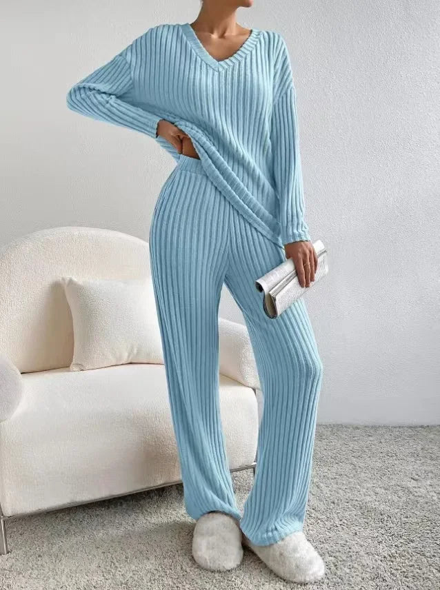 Fall Ribbed Knit Loungewear Set Matching Outfit Loungewear | Chuzko.com