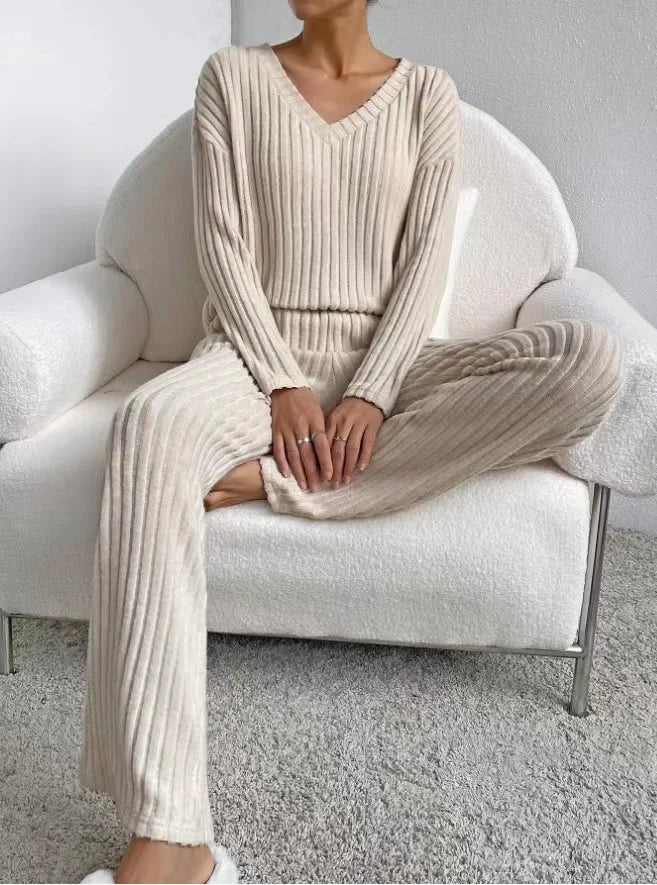 Fall Ribbed Knit Loungewear Set Matching Outfit Loungewear | Chuzko.com