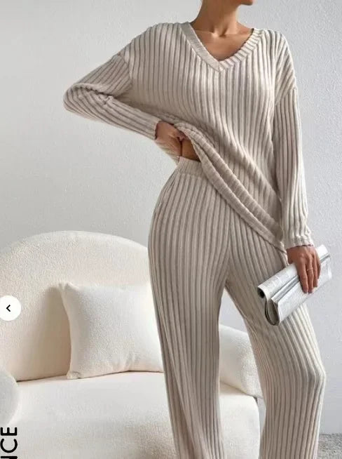 Fall Ribbed Knit Loungewear Set Matching Outfit Loungewear | Chuzko.com