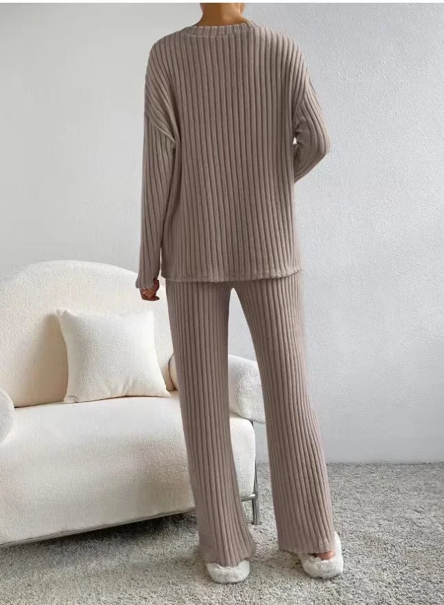 Fall Ribbed Knit Loungewear Set Matching Outfit Loungewear | Chuzko.com