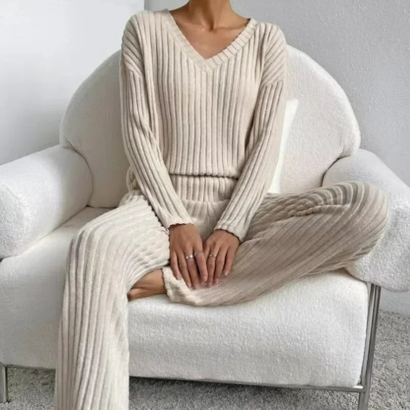 Fall Ribbed Knit Loungewear Set Matching Outfit Loungewear | Chuzko.com