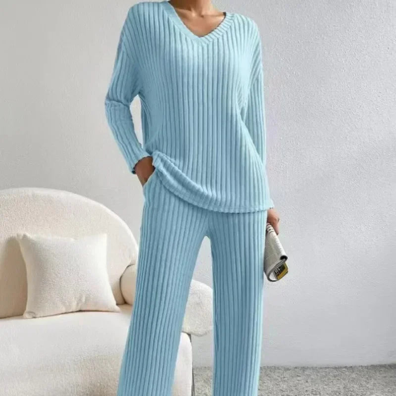 Fall Ribbed Knit Loungewear Set Matching Outfit Loungewear | Chuzko.com