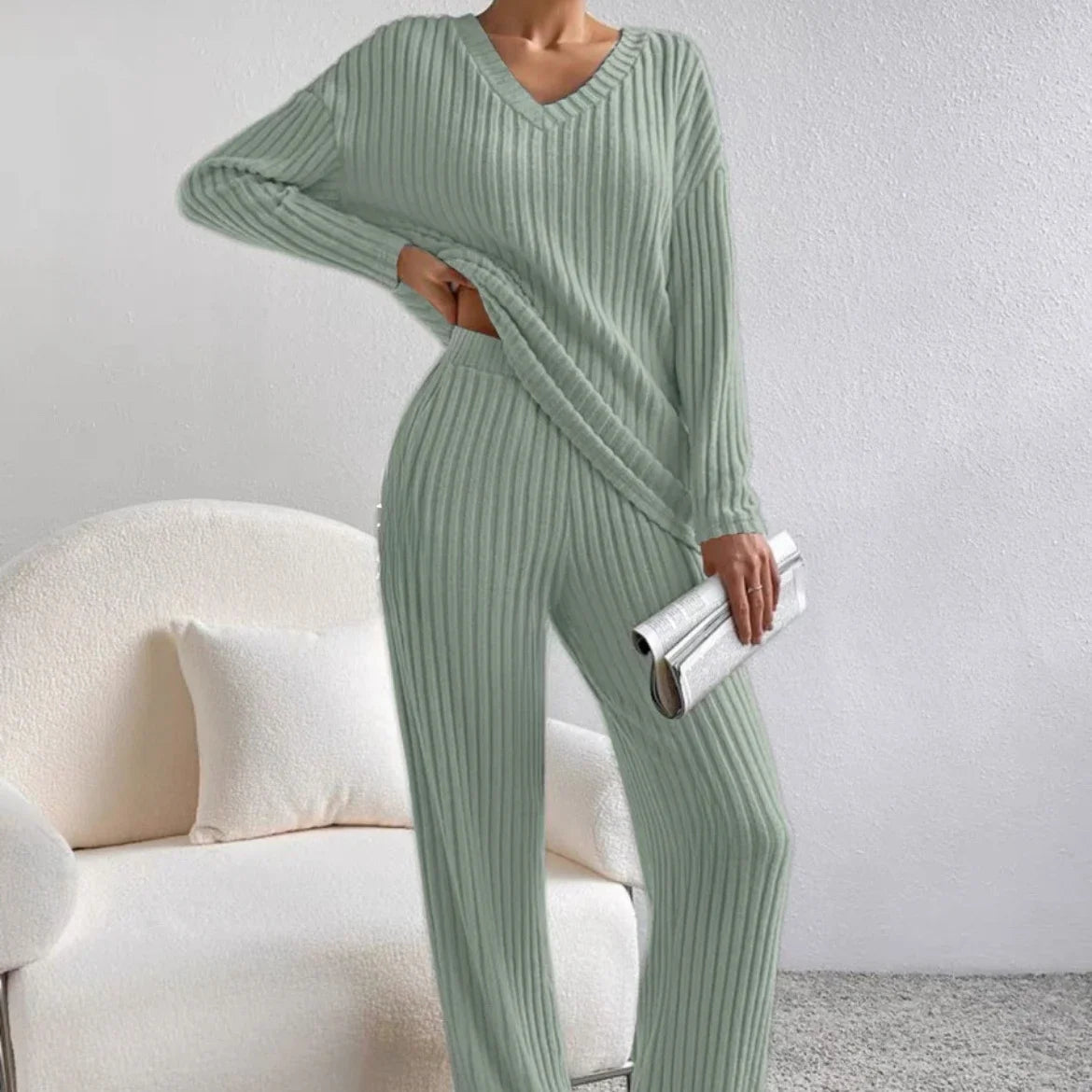 Fall Ribbed Knit Loungewear Set Matching Outfit Loungewear | Chuzko.com