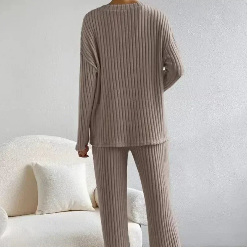 Fall Ribbed Knit Loungewear Set Matching Outfit Loungewear | Chuzko.com