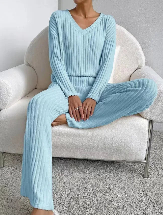 Fall Ribbed Knit Loungewear Set Matching Outfit Loungewear | Chuzko.com