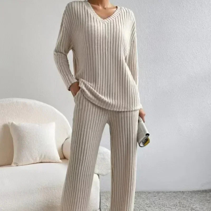 Fall Ribbed Knit Loungewear Set Matching Outfit Loungewear | Chuzko.com