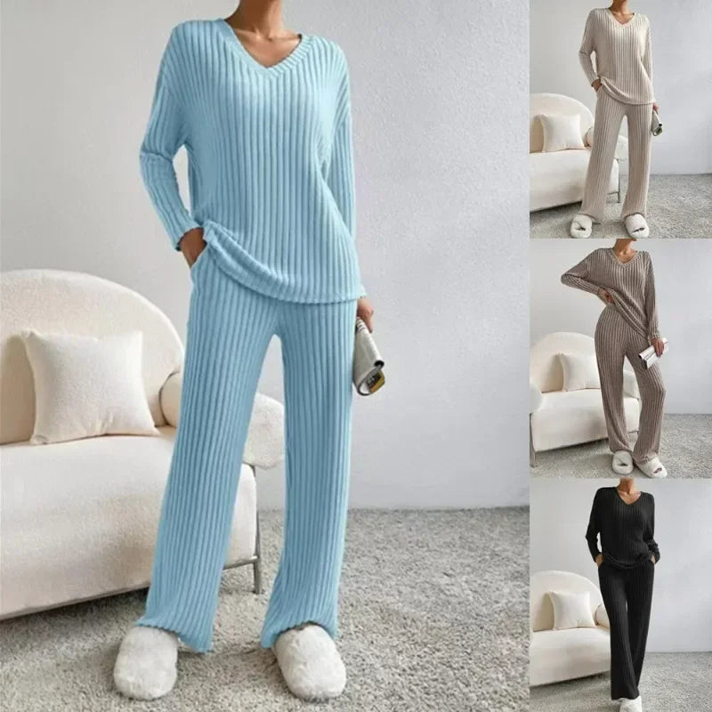 Fall Ribbed Knit Loungewear Set Matching Outfit Loungewear | Chuzko.com