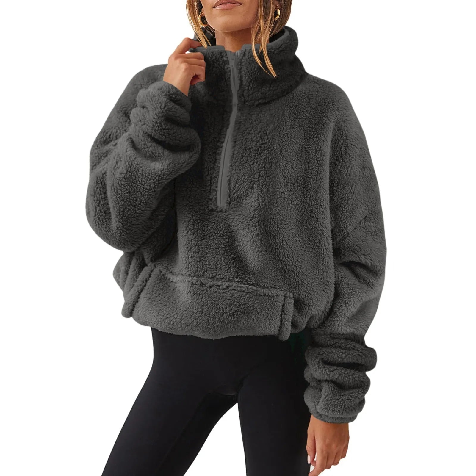 Trendy Fleece Pullover Sweatshirt with High Neck for Women	