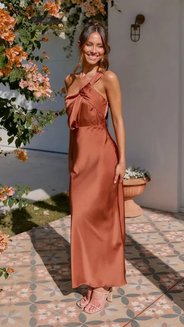 Elegant Satin One-shoulder Blouson Evening Dress Slip Dresses | Chuzko.com