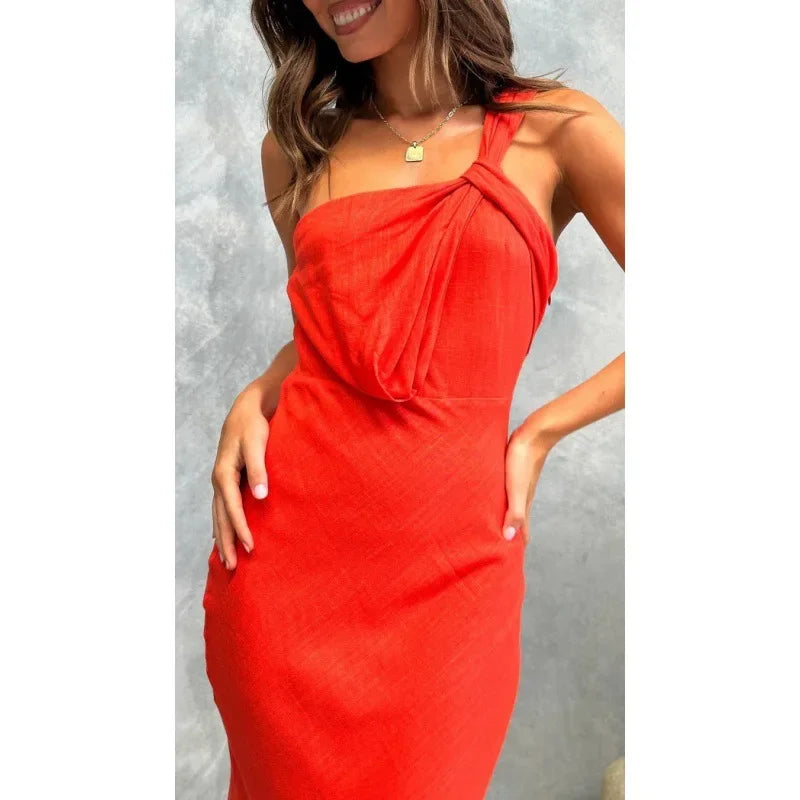 Elegant Satin One-shoulder Blouson Evening Dress Slip Dresses | Chuzko.com