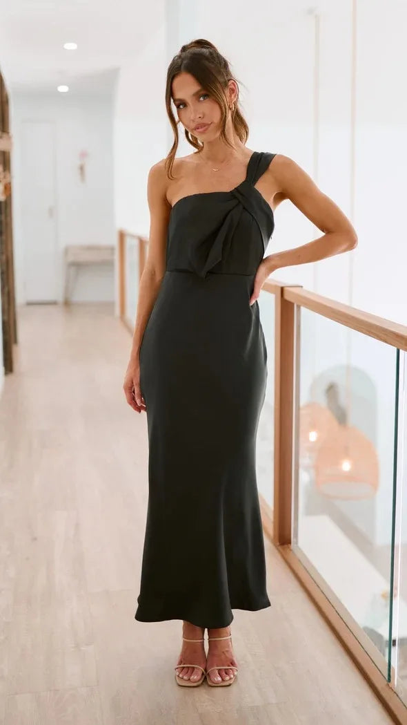 Elegant Satin One-shoulder Blouson Evening Dress Slip Dresses | Chuzko.com