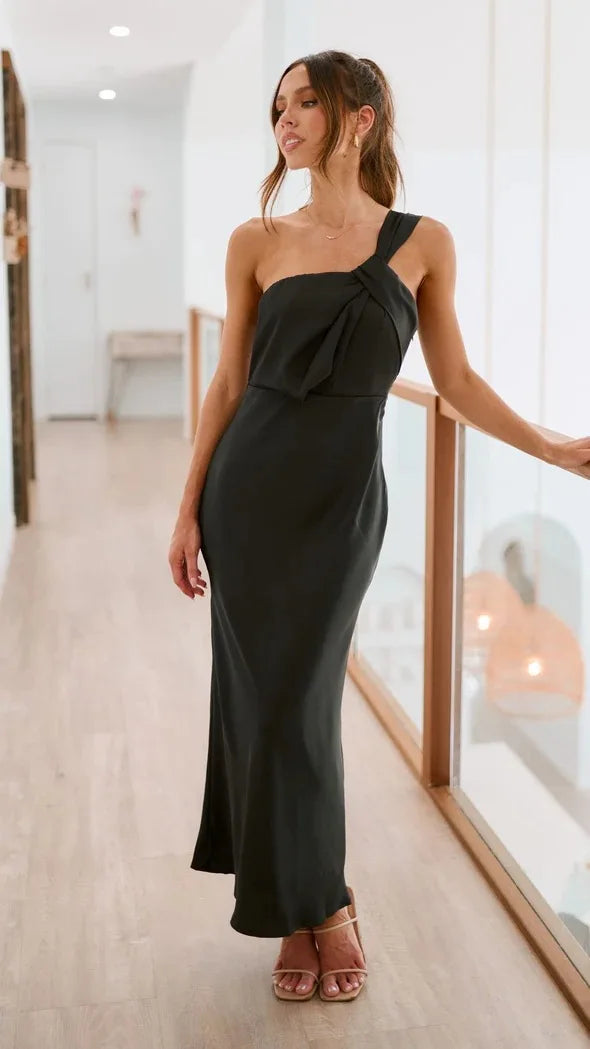 Elegant Satin One-shoulder Blouson Evening Dress Slip Dresses | Chuzko.com