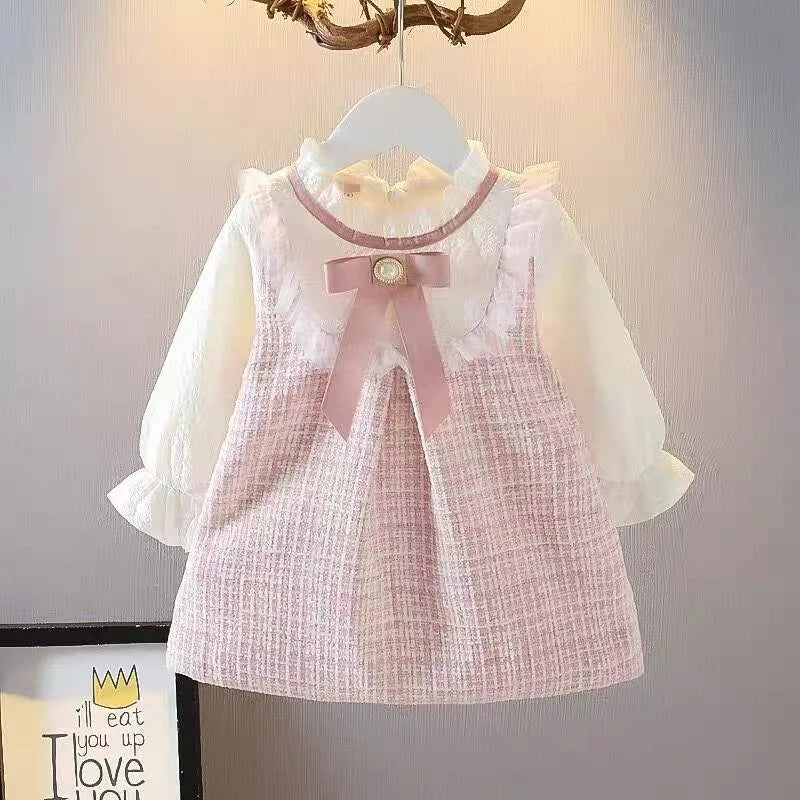 Toddler Tweed Dress with Ruffle Sleeves & Bow	