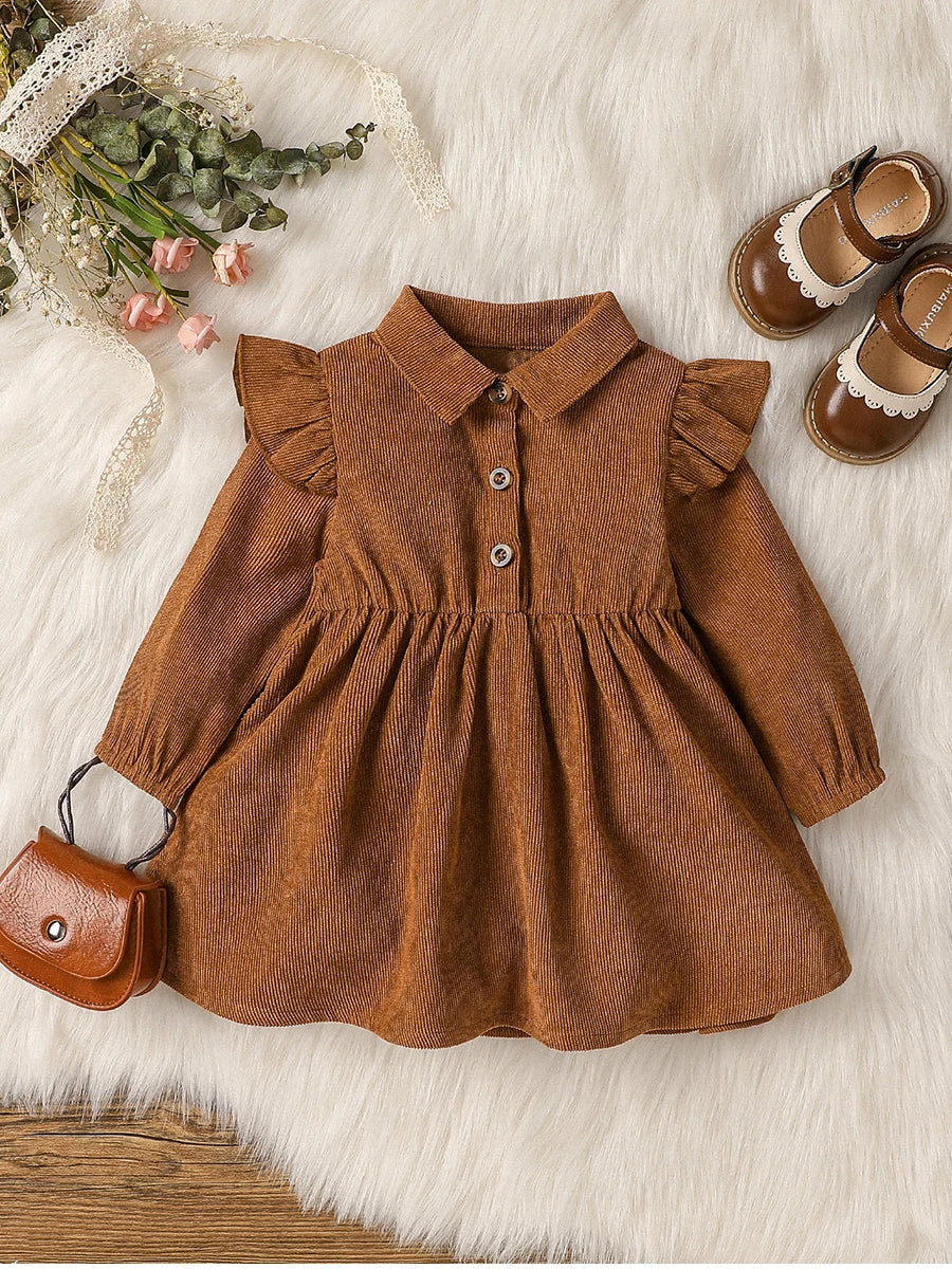 Fashionable Toddler Corduroy Dress with Ruffles & Button Detail	