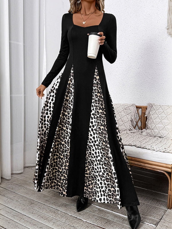 Leopard Panel A-line Maxi Dress for Winter	