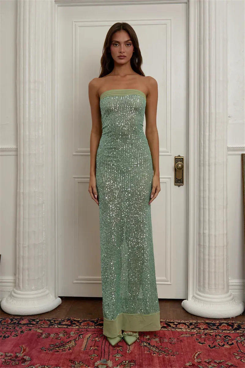 Elegant Strapless Sequin Gown Sparkle Mermaid Tube Evening Dress | Chuzko.com