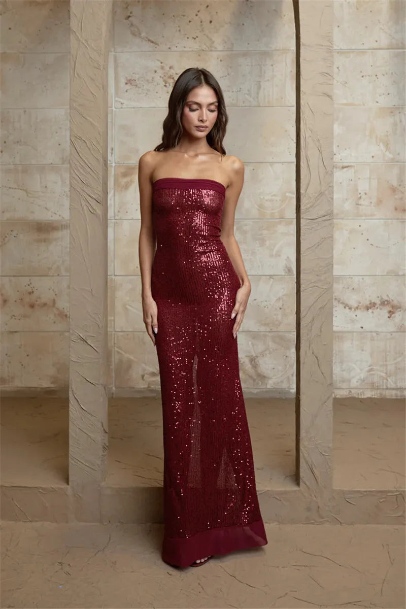 Elegant Strapless Sequin Gown Sparkle Mermaid Tube Evening Dress | Chuzko.com