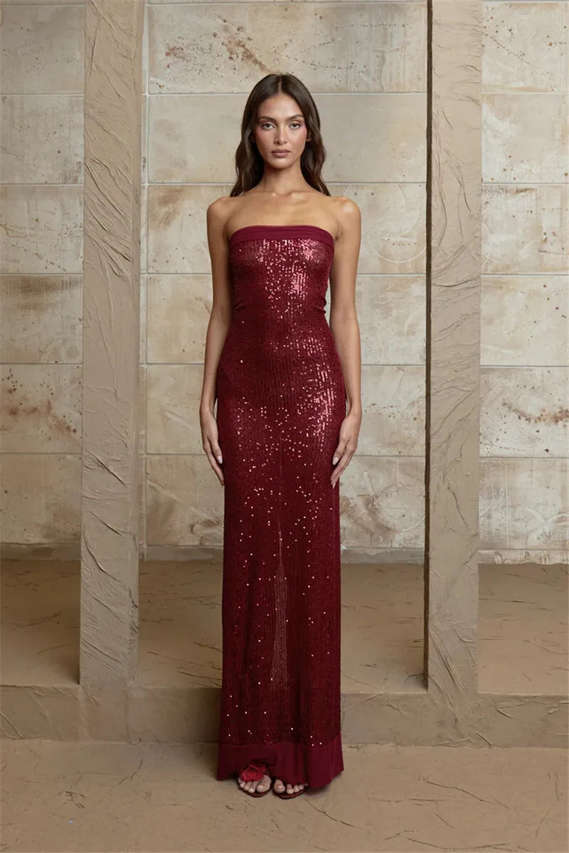 Elegant Strapless Sequin Gown Sparkle Mermaid Tube Evening Dress | Chuzko.com