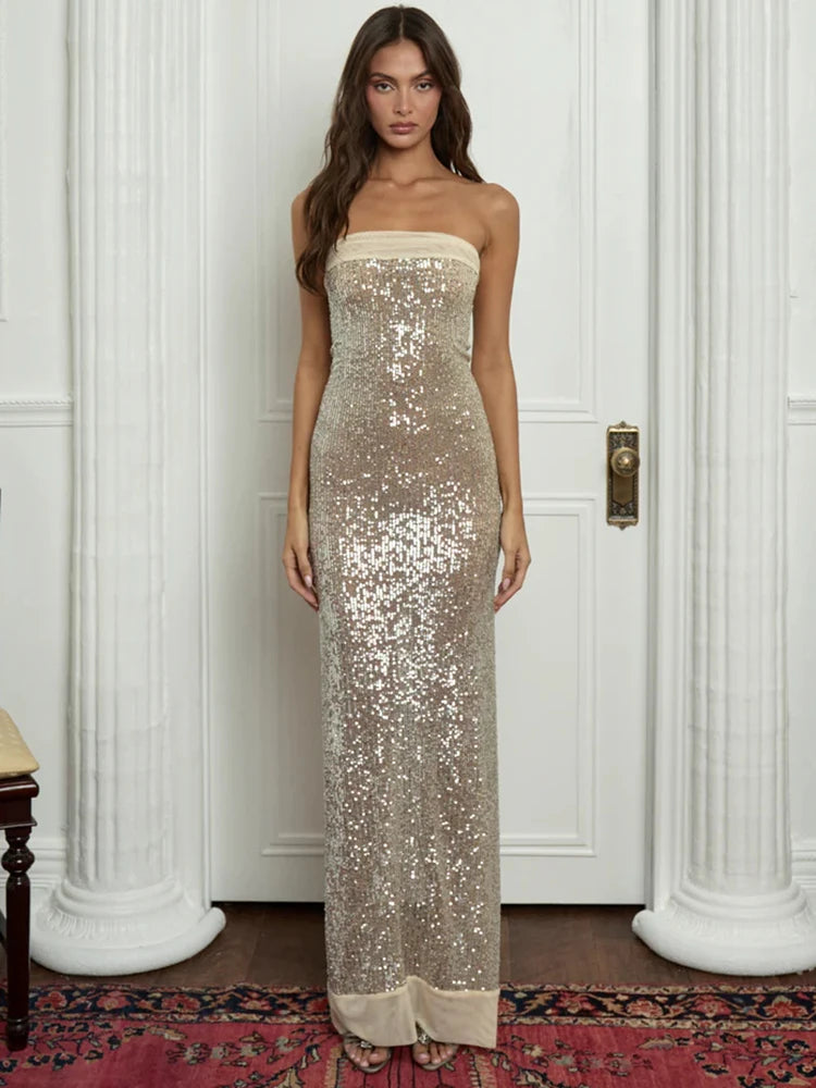 Elegant Strapless Sequin Gown Sparkle Mermaid Tube Evening Dress | Chuzko.com