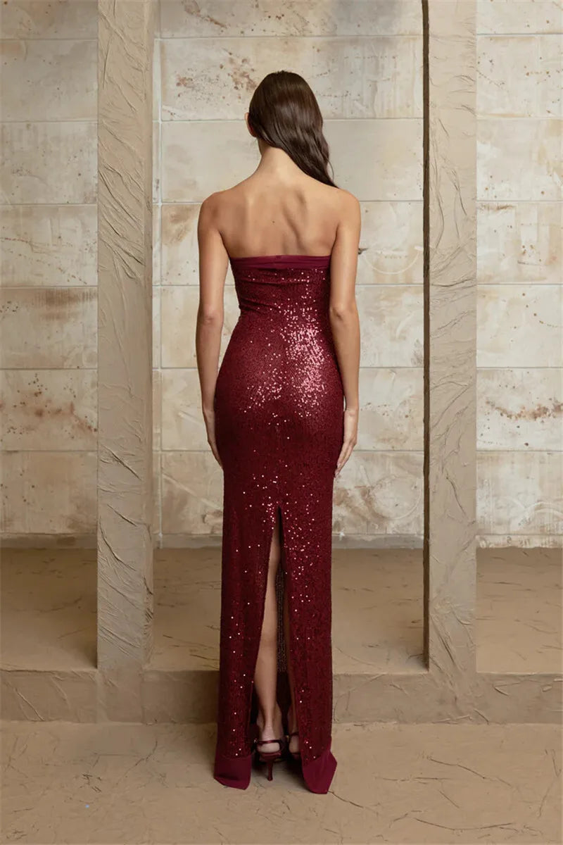 Elegant Strapless Sequin Gown Sparkle Mermaid Tube Evening Dress | Chuzko.com