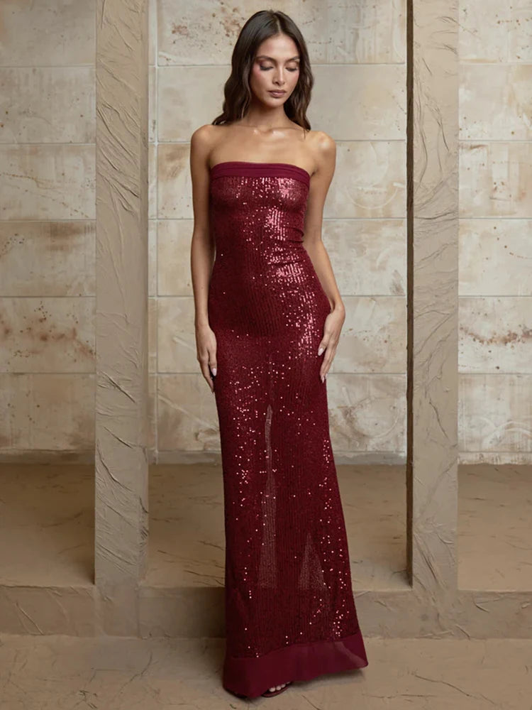 Elegant Strapless Sequin Gown Sparkle Mermaid Tube Evening Dress | Chuzko.com