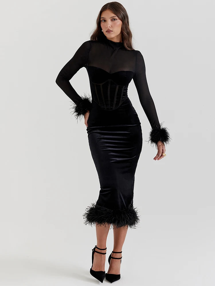 Velvet Cocktail Gown with Feather Detailing	