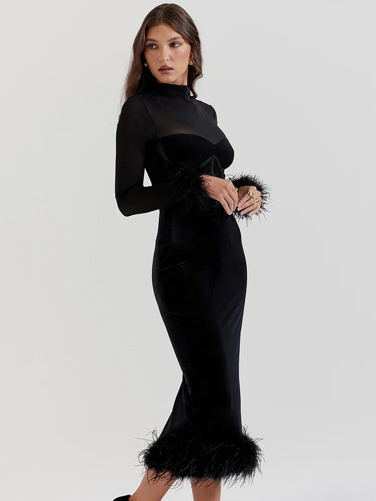 Velvet Feather-Trim Midi Dress Cocktail Gown Elegant Dresses | Chuzko.com